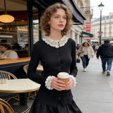 Women's Spring Fall Slim Fit Knitted Cardigan Elegant Dot Print Long Sleeve Round Neck Button Down T-shirts Tops