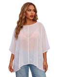 Women Summer Holiday Beach Sheer T-shirts Short Sleeve Tops Oblique Neck Solid Color See-through Irregular Party Clubwear