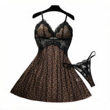Women Leopard Print Lace Lingerie Nightgown Set Sheer Mesh Slip Dress With Thong Intimate Sleepwear ZA825233