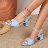 Size 42 Summer Classic Black White Ankle Strap Sandals for Women Elegant Blue Pink Square Heels Office Lady Shoes