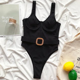 Ribbed Push up Underwired Metal Chain Women Swimwear One Piece Swimsuit Female Waist Belt Monokini Bather Bathing Suit Swim Lady