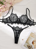 Black Lace Bra Brief Sets for Women Sexy Romantic Transparent Underwear with Flowers See through Erotic Lingerie