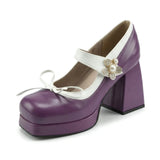 Purple Women Pumps Square Toe 9cm For Women Mary Janes Lolita Block Heel Platform Bowknot Princess Leather Shoes Big Size 34-48