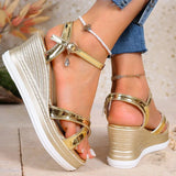 Luxury Golden Open Toe Wedge Sandals Women Summer Fashion Buckle Strap High Heel Sandals Woman Crystal Platform Women\'s Slides