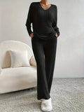 Autumn and Winter Casual V-neck Pocket Striped Knited Tops and Long Trousers Two-piece Sets, Women's Pajamas Set Sleepwear