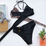 Sexy Mid Waist Splicing Leopard Bikini Female Swimsuit Women Swimwear Two-Pieces Bikini Set Bather Bathing Suit Swim Lady V2148