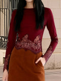 Women's Spring Summer Round Neck Tops Solid Color Long Sleeve Slim Fit Party Lace Patchwork T-shirts