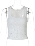 Woman Beading Rhinestones Tank Tops White Black Summer Sleeveless Corset T-shirt 2026 Casual Square Collar Crop Top Streetwear