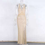 S - XL V Neck Slit Long Dress Sexy Mesh Backless Knitted Crochet Tunic Beach Cover Up Cover-ups Beach Dress Beachwear V3767B
