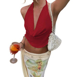 Women's Summer Fashion Halter Tank Tops Solid Color Sleeveless Cowl Neck Backless Cropped Slim Fit Vest
