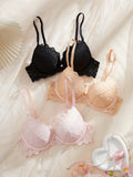 3PCS Daily Lace Trim Women's Underwear Set Rhinestone Push up Bra wite Underwire Soft & Stylish Female Slim Bra