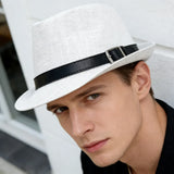 Fashion Men Jazz Fedora Hat Summer Straw Beach Sun Hat Short Brim Trilby with Belt Breathable Buckle Panama Cap