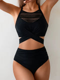Sexy Black Mesh Patchwork Bikini Set 2026 Women Hanging Neck Bandage Cross High Waist Swimsuit Beach Bathing Suit Swimwear