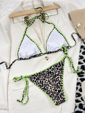2026 New Sexy Bikini Leopard Block Color Triangle Halter Swimwear Swimsuit Women Bikinis Set Bathing Suit Beach Bikini Female