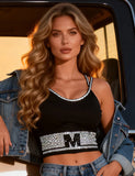Black Rhinestone Camisole for Women Going Out Sequin Sparkly Top Double Adjustable Straps Clubbing Y2K Cute Tee