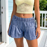 Womens Loose Fit Denim Shorts Drawstring Elastic Mid Rise Pleated Wide Leg Short Pants Casual Stylish Summer Skorts