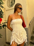 Foridol White Cotton Summer Women's Dress 2025 Off Shoulder Strapless Mini Beach Dress Casual Flower Embroidery Drawstring Dress