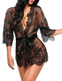 See Through Lace Babydoll Women Sexy Lingerie Erotic Transparent V-Neck Nightwear Robe G-string Robe Sleepwear Dress