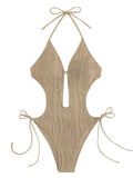 Sexy Halter V Neck Wrinkled Female Swimwear One Piece Swimsuit Women Backless Monokini High Leg Cut Bathing Suit Swim Beach Wear
