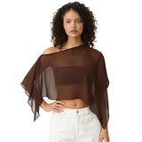 Women Loose Boat Neck Irregular Coverup Tops Casual See Through Shrug Solid Color Sheer Mesh Poncho