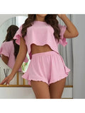 Women Summer Ribbed Pajama Set Ruffle Wide Strap Crop Top Shorts Casual Loungewear Sleepwear Homewear Lounge Outfit