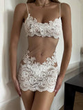 Sexy Sheer Mesh Lace Strap Flower Embroidery Dress For Women Summer New Style Women's Dress Transparent Solid Color Elegant W916
