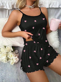 Heart Print Pajama Set Crew Neck Cami Top & Lettuce Trim Casual Round Sexy Women's Summer Sleepwear Soft Loungewear Nightwear