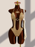 Sexy Blue Brozing Gradient One Piece Swimsuit Holiday Swimwear Women 2026 Metal Chain Hollow Out Backless Bandage Thong Bikini