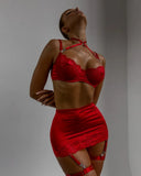 Toucheart Sexy Lingerie Set for Women Mesh Perspective Bra Set Lace Lace Splicing Sexy Hip-pack Skirt Sexy Underwear Garters Set
