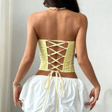 Sexy Yellow Woven Rose Jacquard Tank Top Women Strapless Steel Ring Slim Fit Fishbone Vest Summer Back Criss Cross Party Corset