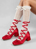 2026 Plus Size 43 Retro Red Lolita Ankle Wrap Pumps Sweet 5cm Med Square Heels Gothic Cosplay Ballet Mary Janes Shoes Women