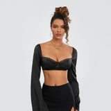 Women Long Sleeve Crop Tops Mesh Lace Trim Sweetheart Neckline Tie-Up Backless T-Shirts Spring Fall Slim Fit Shirts Streetwear