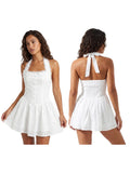 Women's Summer Solid Color Halter Neck Mini Dress Lace Trim Neckline Eyelet Embroidery Backless Tie-Back Slim Party Dresses