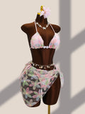 Sexy Pink Floral Embroidery Bikini Set 2026 Women Push Up Bra Triangle Swimsuit Holiday Bathing Suit Cover Up 3 Piece Swimwear