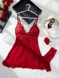 Summer Nightdress Women's Sexy Transparent Red Lace See Through Underwear Sleepwear Sleep Dress and Panty Sets Nighty