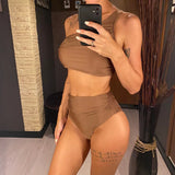 New Wrinkled One Shoulder High Waist Bikini Female Swimsuit Women Swimwear Two-Pieces Bikini Set Bather Bathing Suit Swim V5857