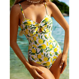 2026 New Lemon Printed Knotted One Piece Swimsuit Women Swimwear Female Monokini High Leg Cut Bather Bathing Suit Swim K6093