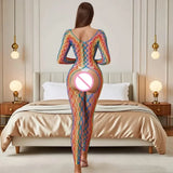 Women Rainbow Fishnet Bodysuit, Long Sleeve Crotchless Sheer Hollow Lingerie