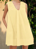 Women Summer Solid Color V Neck Loose Tank Dress Sleeveless Beach Mini Dresses with Pocket