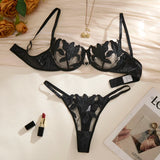 Black Embroidered Floral Lingerie Set - Sexy Bra And G-string Combo with Heart Decoration Underwear Set for Women ZA824031