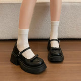 Japanese Style Bow Chunky Platform Pumps Women Ankle Buckle Thick Heels Mary Jane Shoes Woman Preppy High Heel Pu Leather Shoes