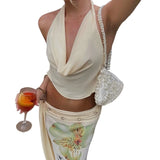 Women's Summer Fashion Halter Tank Tops Solid Color Sleeveless Cowl Neck Backless Cropped Slim Fit Vest