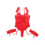 Plus Size Sheer Mesh Teddy Bodysuit for Women Sexy Lace Lingerie Set with Adjustable Garter Belt Curvy Nightwear Romantic Outfit