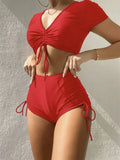 Sexy Drawstring Bikini Set 2026 Women Green Black Short Sleeve Two Piece Swimsuit Summer Bathing Suit Pleate High Waist Swimwear
