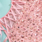 New Pink Sequin Hollow Out Bodysuits Elegant Backless Deep V Suspenders Sleeveless Bodysuits For Women Transparent Charming ZHAN