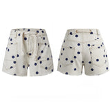 Women's Summer Denim Shorts with Pockets Casual Stylish Dot Print Mid Rise Tie-up Belted Wide Leg Jean Shorts