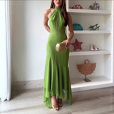 Temperament Halter Neck Long Dresses Women Green Backless Leace-up Irregular Package Hip Party Dress Elegant Banquet Vestidos