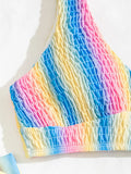 2026 New Sexy Bikini Women Rainbow Stripe Pleated Swimwear Swimsuit Knotted Bikinis Set Bathing Suit Beach Bikini Female Push Up