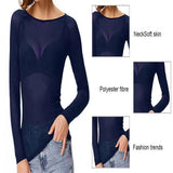 Women Mesh Bottoming Shirt See through O Neck Long Sleeve Lady Blouse Slim Fit Sexy Clear Sun Gauze Tops