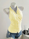 Summer Casual Shirt Women's Blue Striped Halter Top V Neck Button Down Sleeveless Slim Fit Blouse 2026 Y2K Style Streetwear